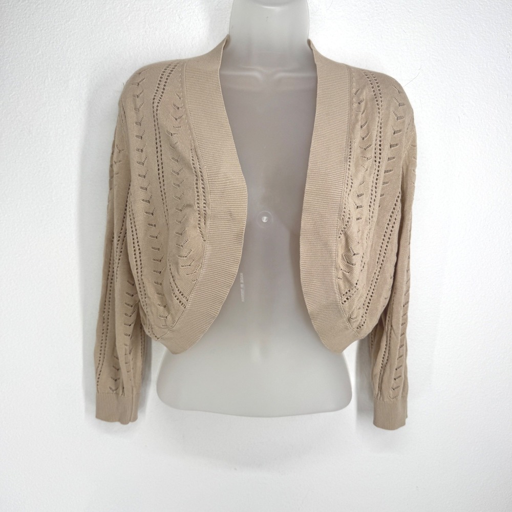 Tan Pointelle Knit Cropped Bolero Cardigan Beige Long Sleeve Size S Coquette
